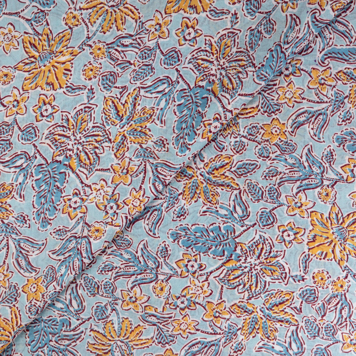 Voile 100% viscose – Fleurs jaunes fond bleu ciel