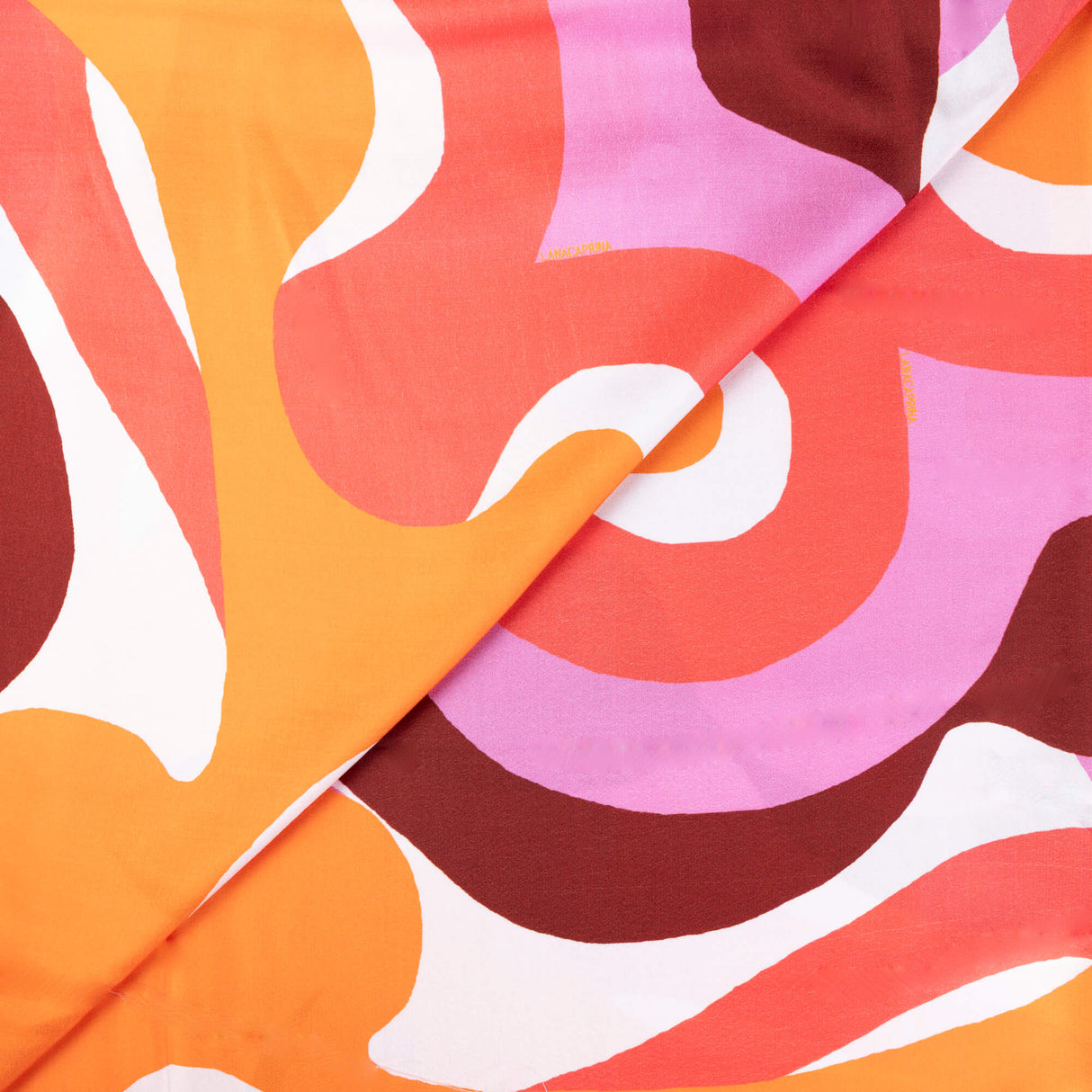 Satin 100% viscose – Motif abstrait corail rose et orange