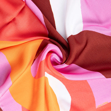 Satin 100% viscose – Motif abstrait corail rose et orange