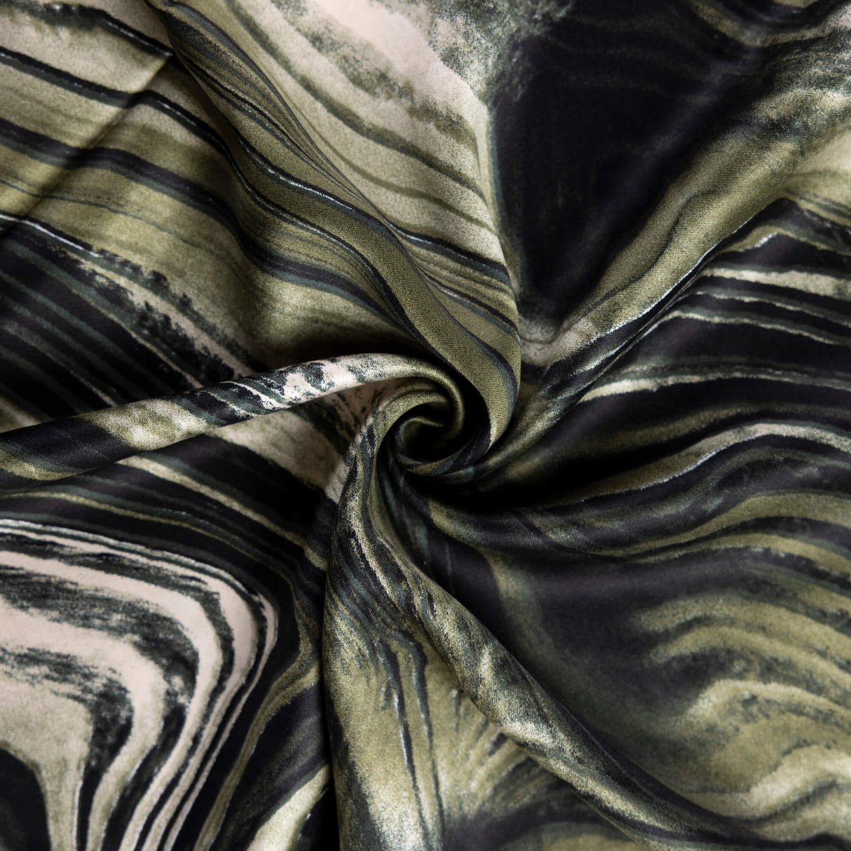 Satin 100% viscose – Motif marbré kaki et noir