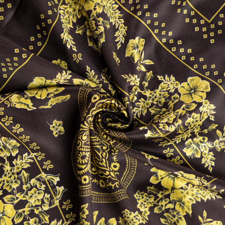 Satin 100% viscose – Motif floral cachemire brun