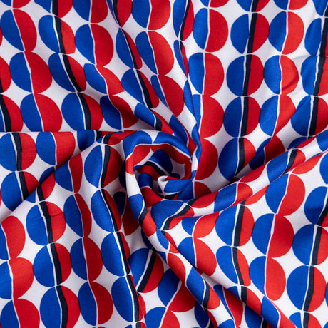 Satin 100% viscose - Géométrique rouge et bleu