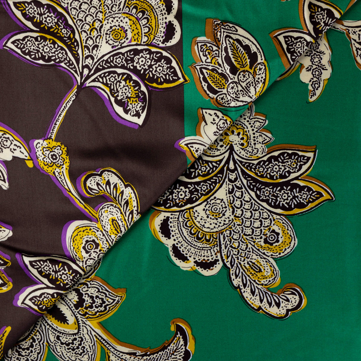 Satin 100% viscose - Fleurs orientales vert émeraude