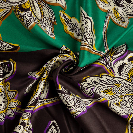 Satin 100% viscose - Fleurs orientales vert émeraude
