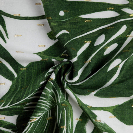 Étoffe 100% viscose - Feuillage tropical vert et lurex doré
