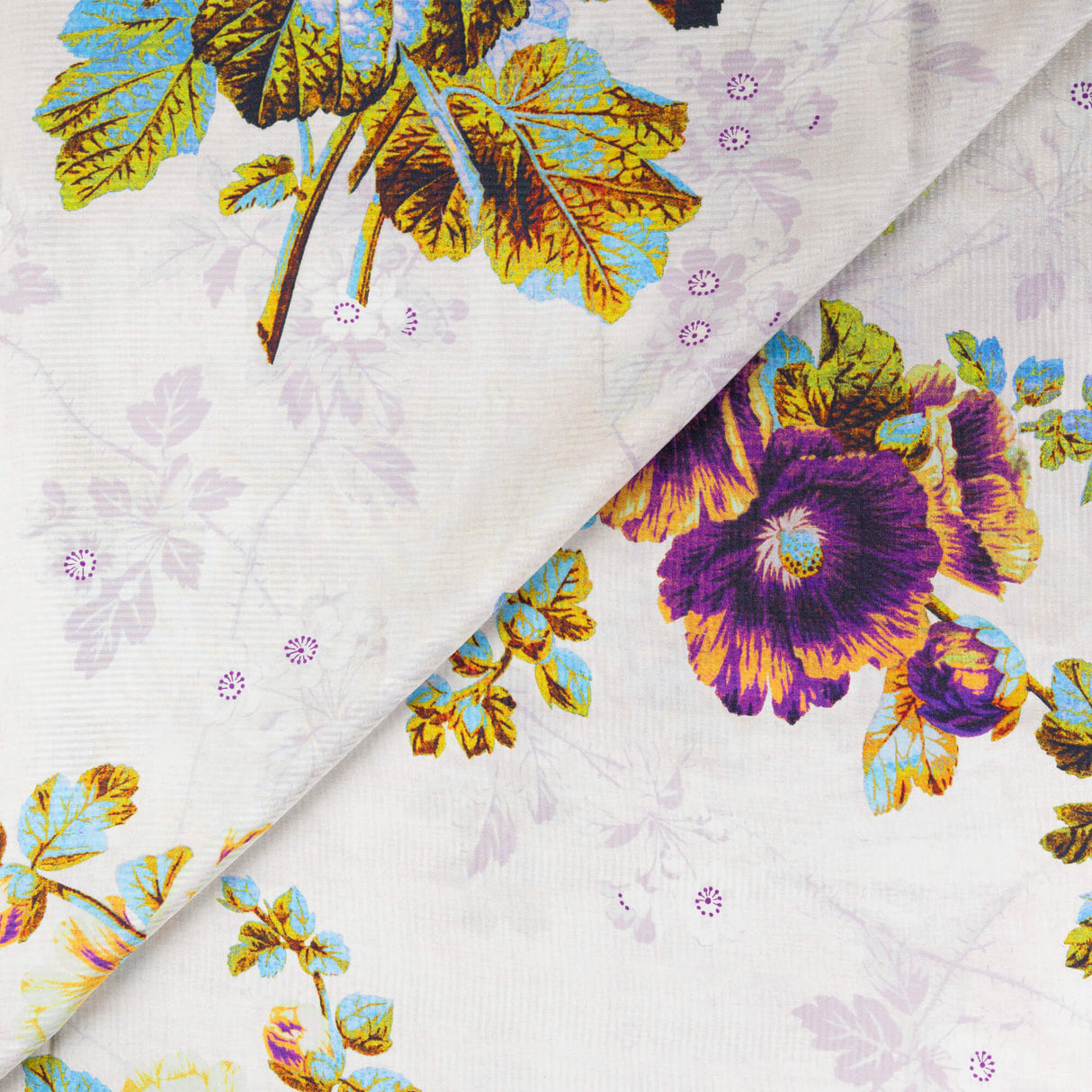 Twill bande satin viscose - Fleurs violettes fond blanc