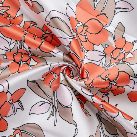 Satin lourd – Fleurs corail fond ivoire