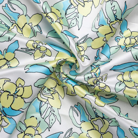 Satin lourd – Fleurs pastel bleu & jaune