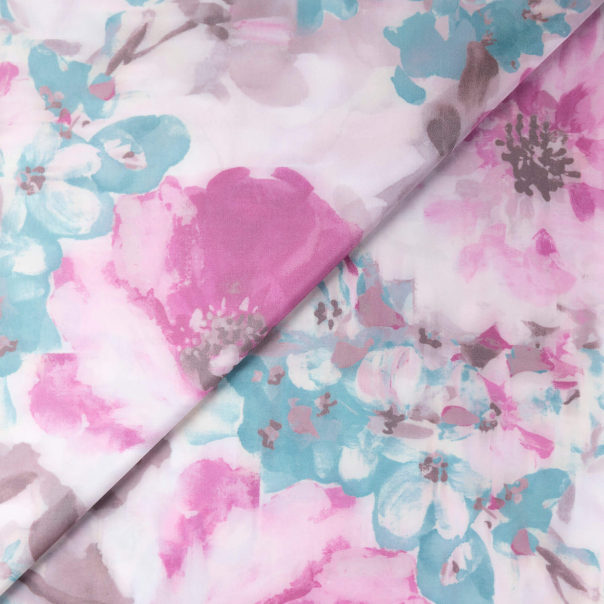 Crêpe imprimé envers satin – Fleurs rose & ciel