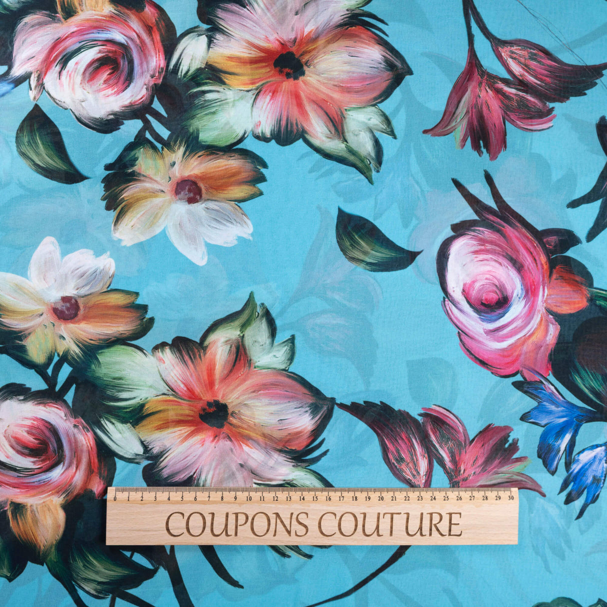 Mousseline - Fleurie fond bleu turquoise