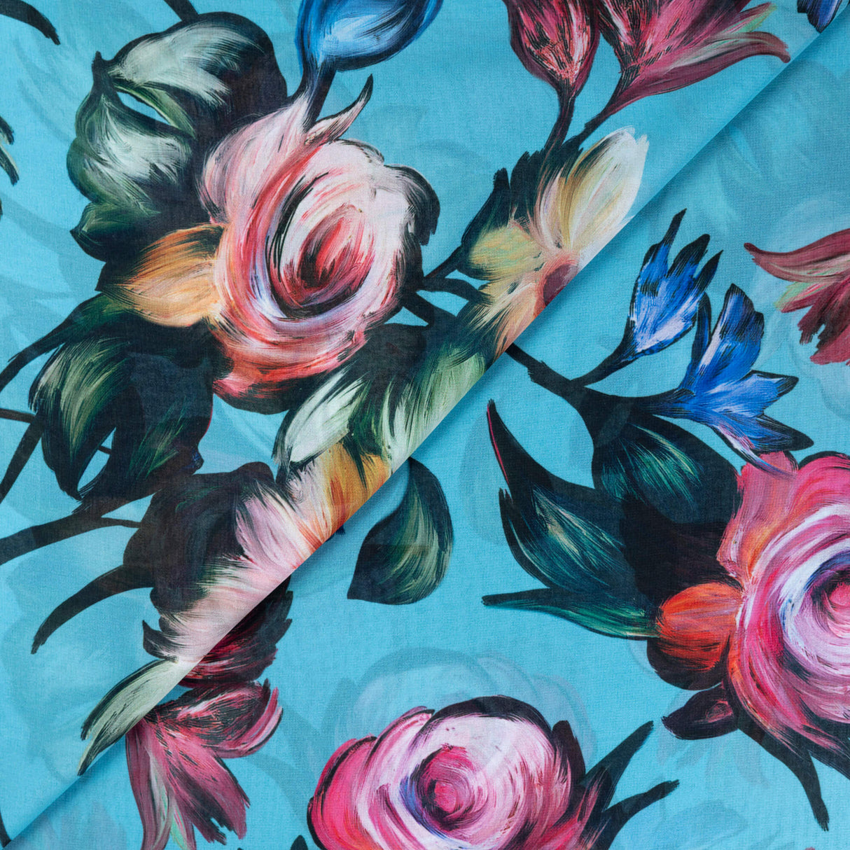 Mousseline - Fleurie fond bleu turquoise