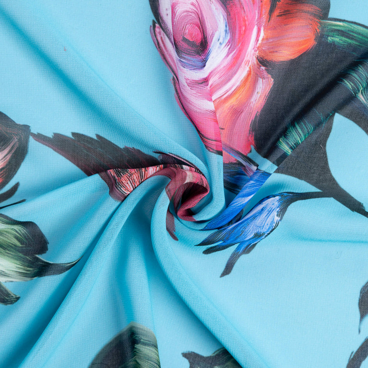 Mousseline - Fleurie fond bleu turquoise
