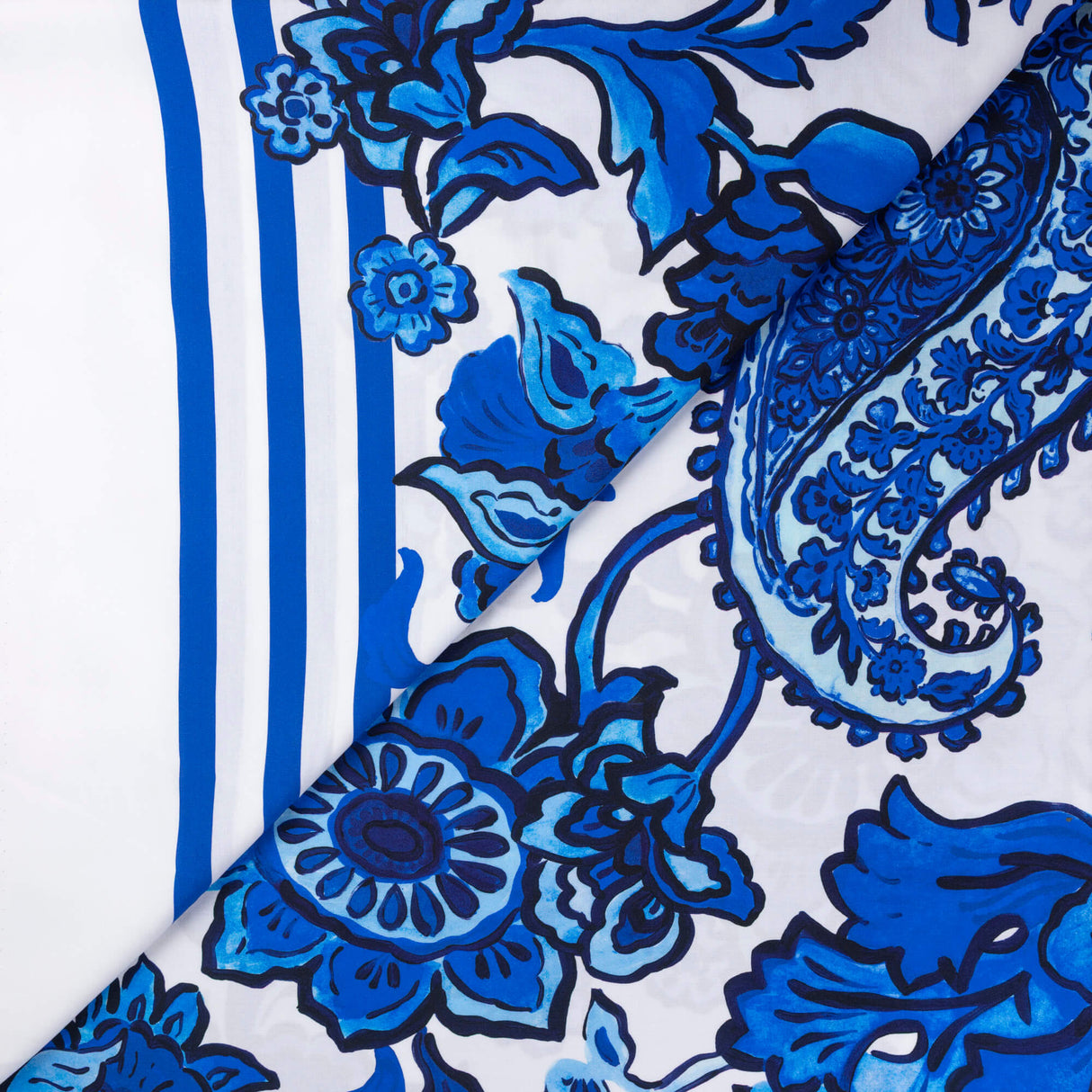 Étoffe 100% viscose - Fleurs bleues & rayures marines