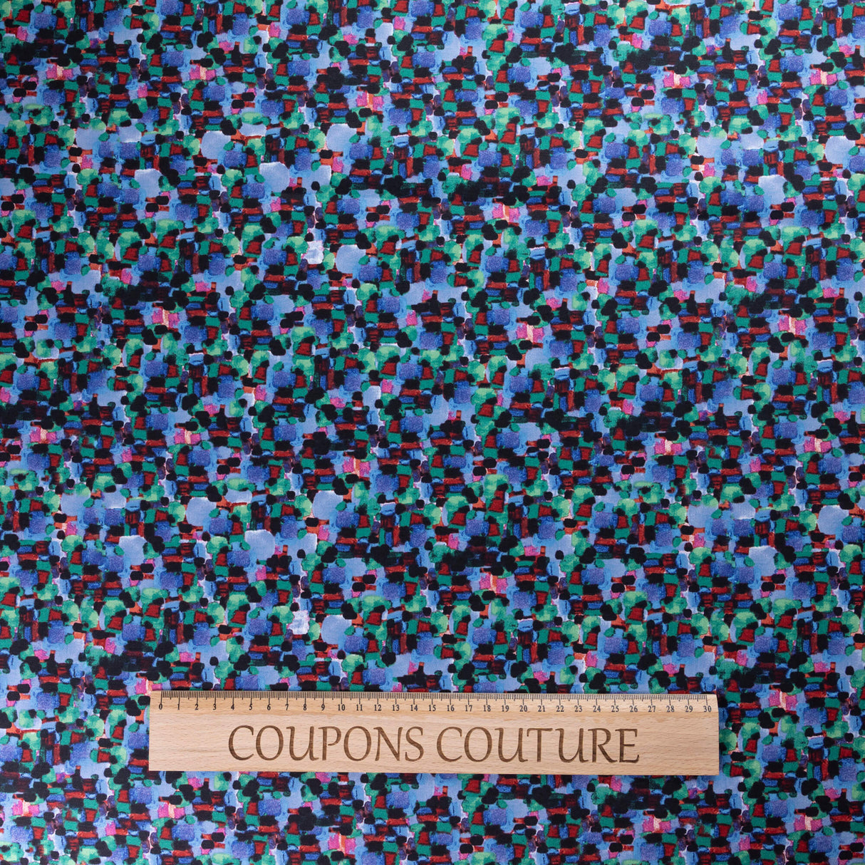 Gabardine coton & élasthanne - Mosaïque abstraite bleu multicolore