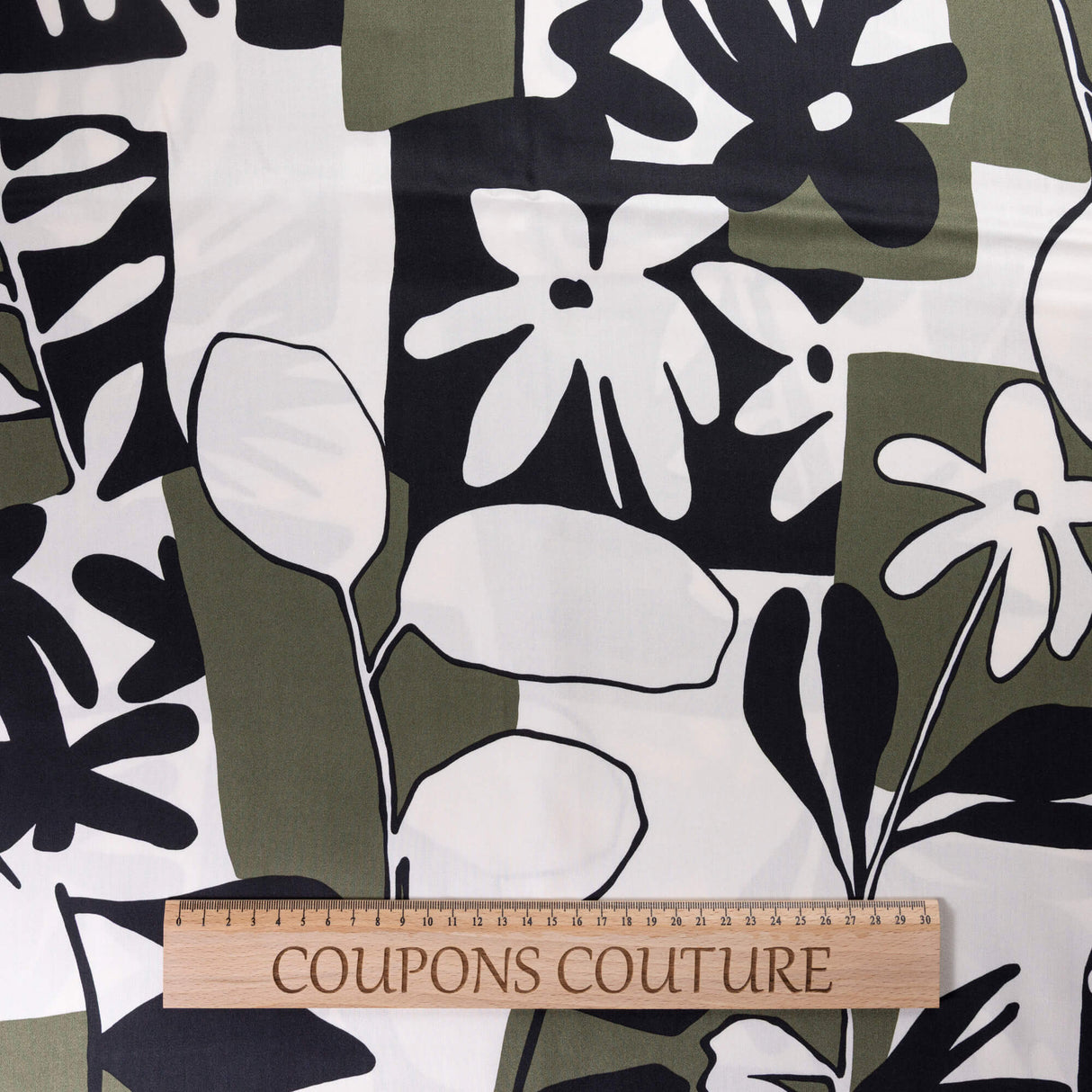 Satin 100% viscose - Floral graphique kaki