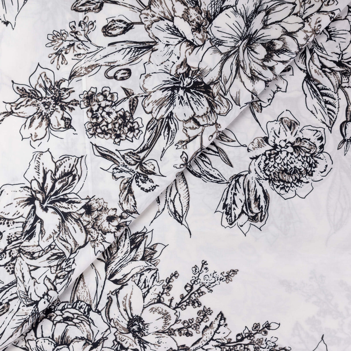 Popeline 100% coton - Fleurs noir sur blanc