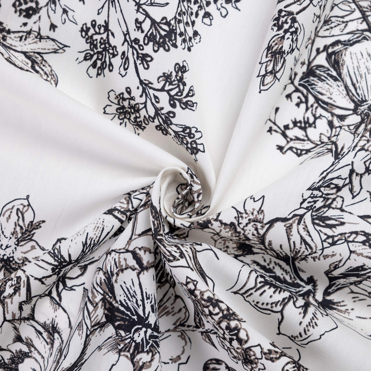Popeline 100% coton - Fleurs noir sur blanc