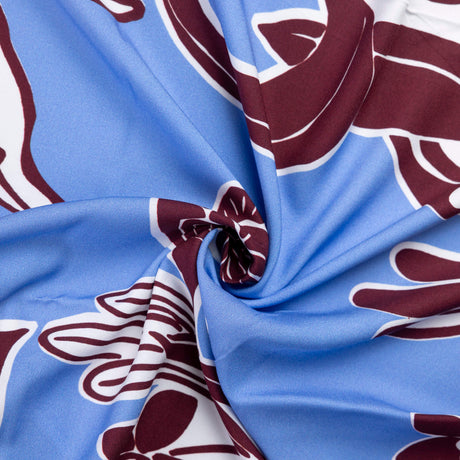 Étoffe 100% viscose - Fleurs graphiques bleu ciel et bordeaux