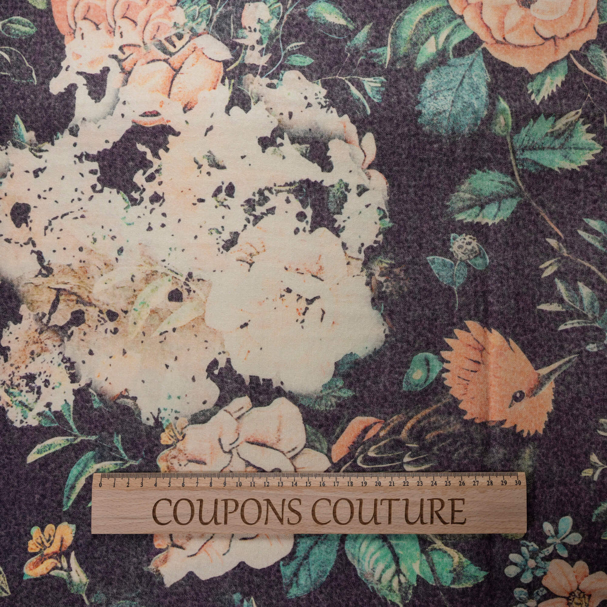 Flanelle 100% laine - Grandes fleurs saumon et vertes