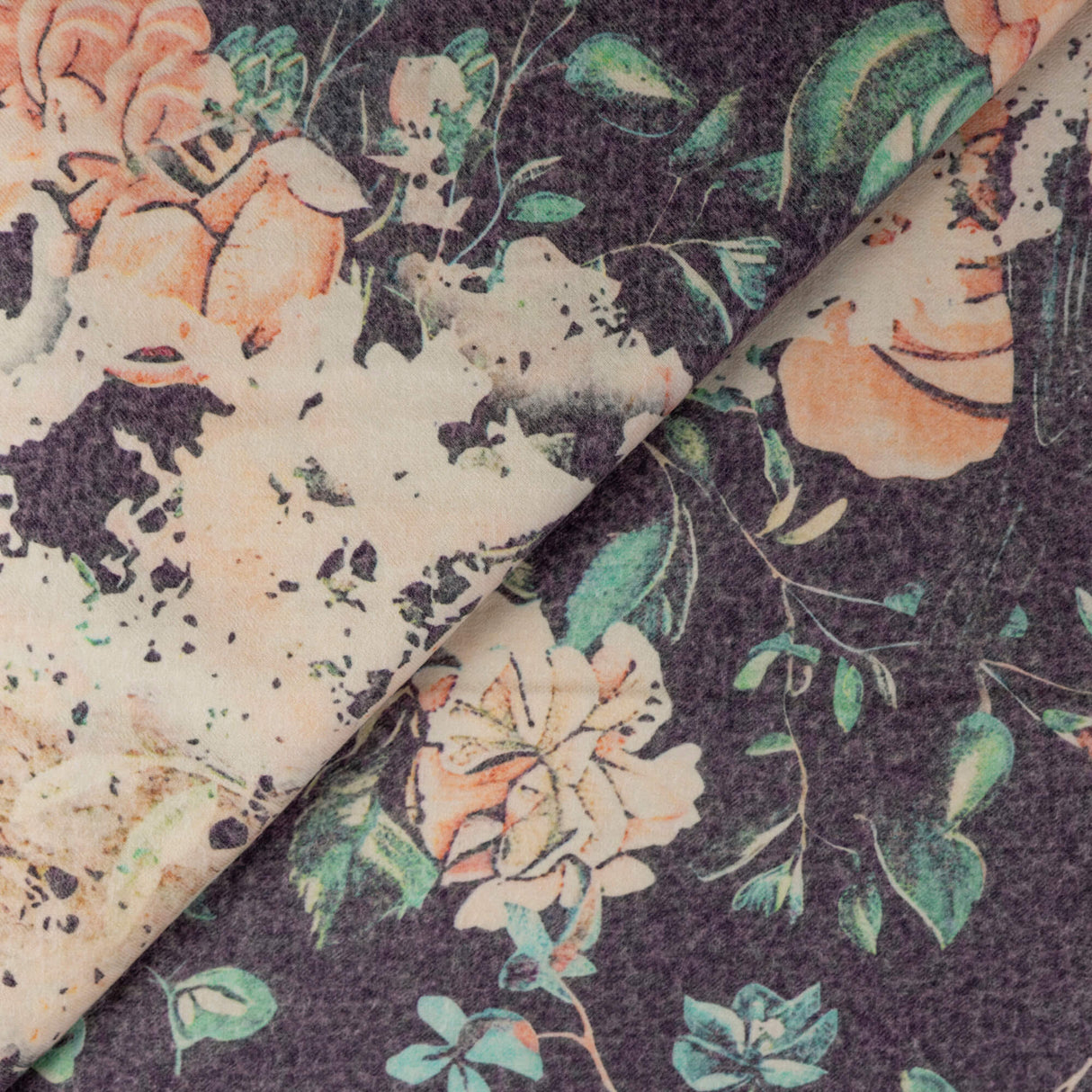 Flanelle 100% laine - Grandes fleurs saumon et vertes