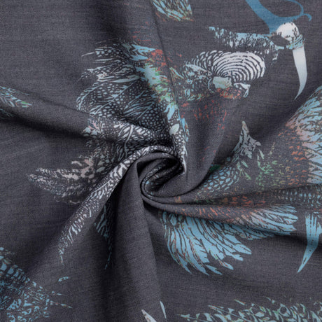 Gabardine de laine extensible - Oiseaux exotiques bleu et vert