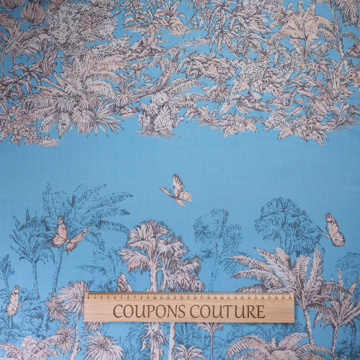 Gabardine de laine extensible - Jungle tropicale bleu azur