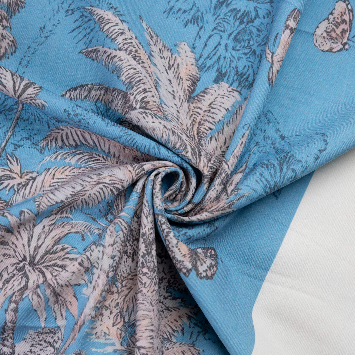 Gabardine de laine extensible - Jungle tropicale bleu azur
