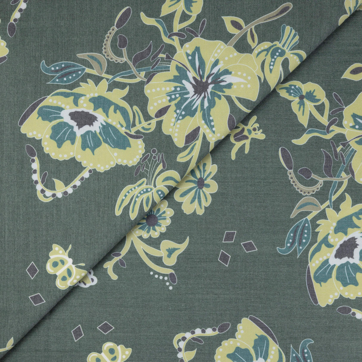 Gabardine de laine extensible - Fleurs et papillons vert olive
