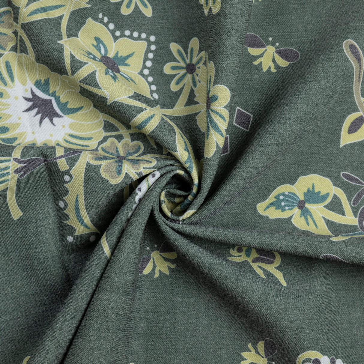 Gabardine de laine extensible - Fleurs et papillons vert olive