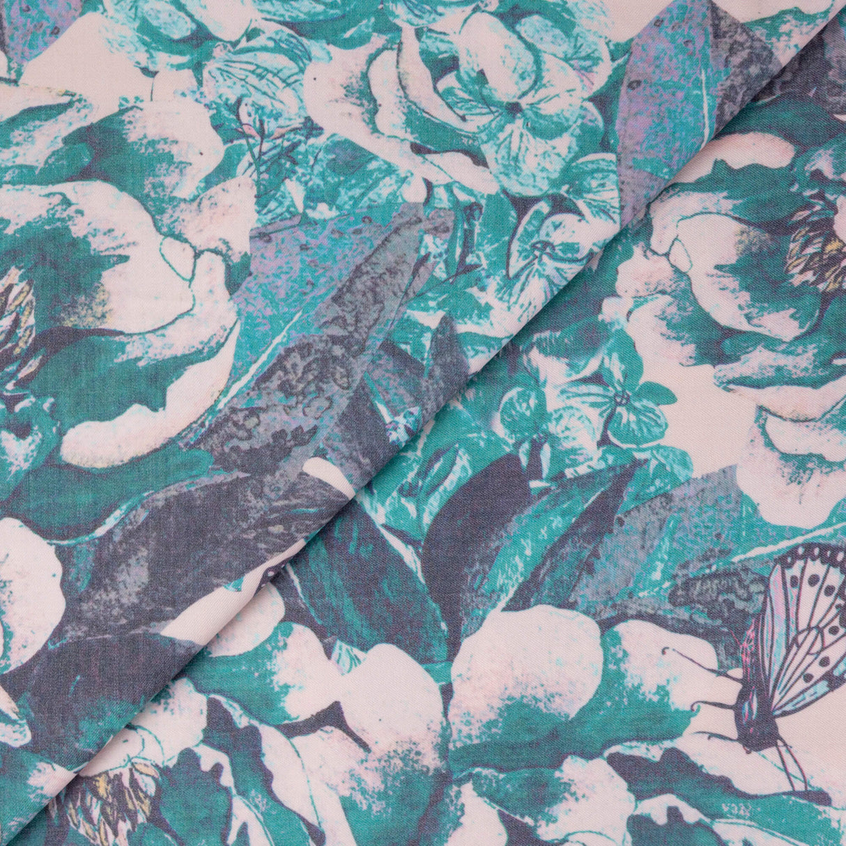 Gabardine de laine extensible - Fleurs et papillons turquoise