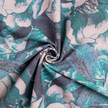 Gabardine de laine extensible - Fleurs et papillons turquoise