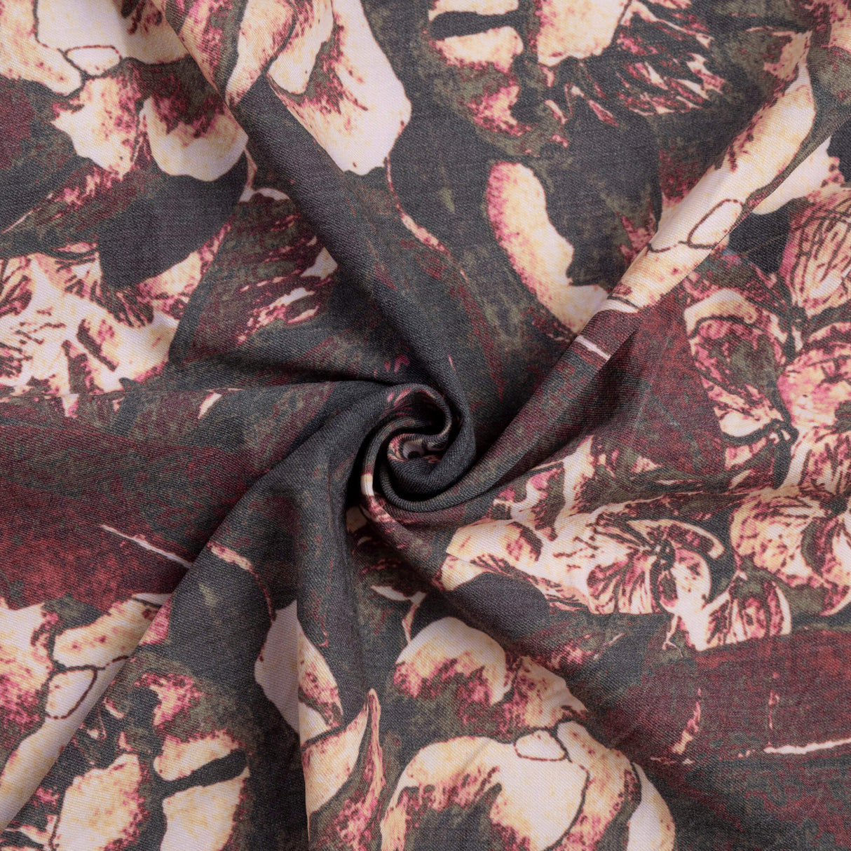 Gabardine de laine extensible - Fleurs et papillons bordeaux