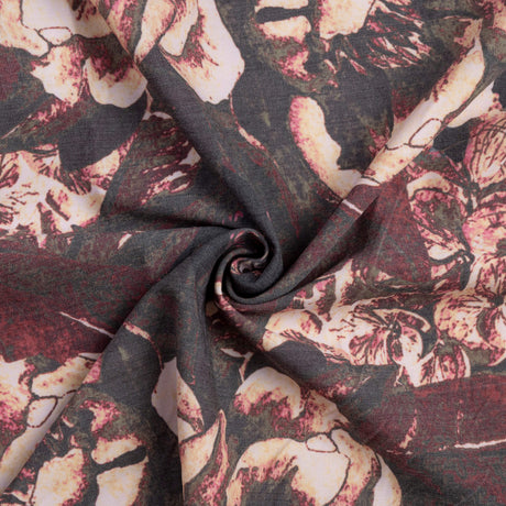 Gabardine de laine extensible - Fleurs et papillons bordeaux