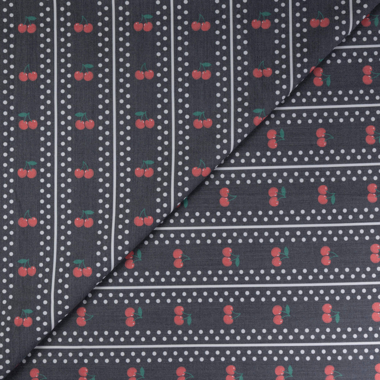 Gabardine de laine extensible - Cerises et pois sur fond noir