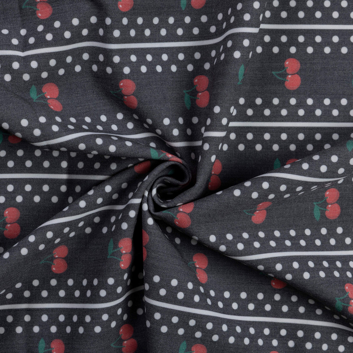 Gabardine de laine extensible - Cerises et pois sur fond noir