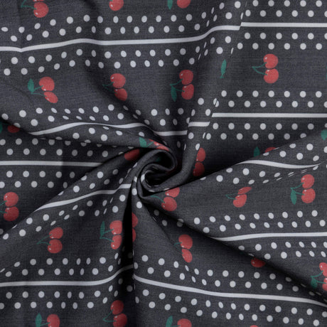 Gabardine de laine extensible - Cerises et pois sur fond noir