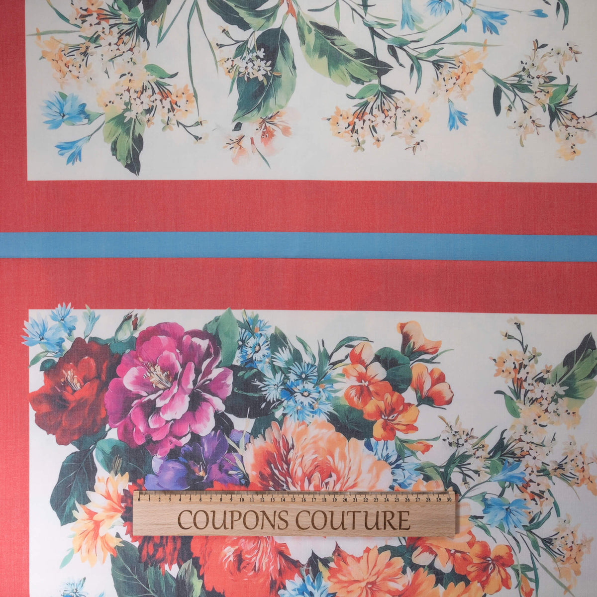 Gabardine de laine extensible - Fleurs multicolores et cadres rouges