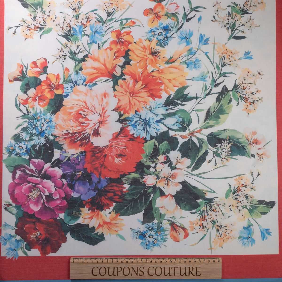 Gabardine de laine extensible - Fleurs multicolores et cadres rouges