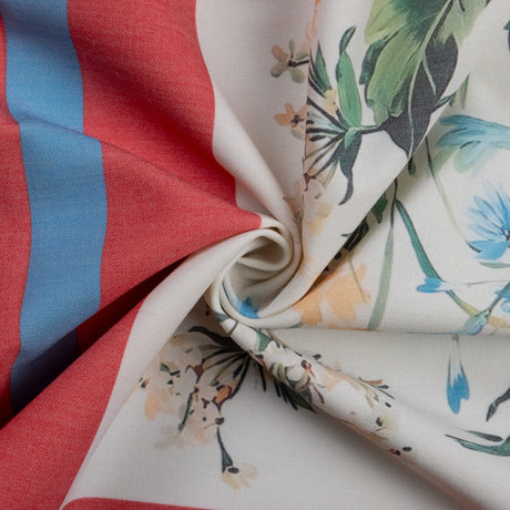 Gabardine de laine extensible - Fleurs multicolores et cadres rouges