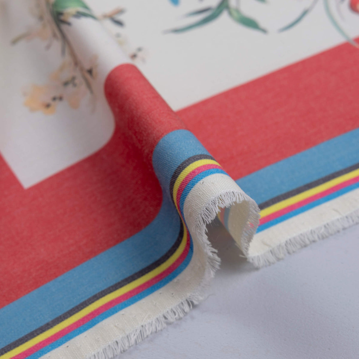 Gabardine de laine extensible - Fleurs multicolores et cadres rouges