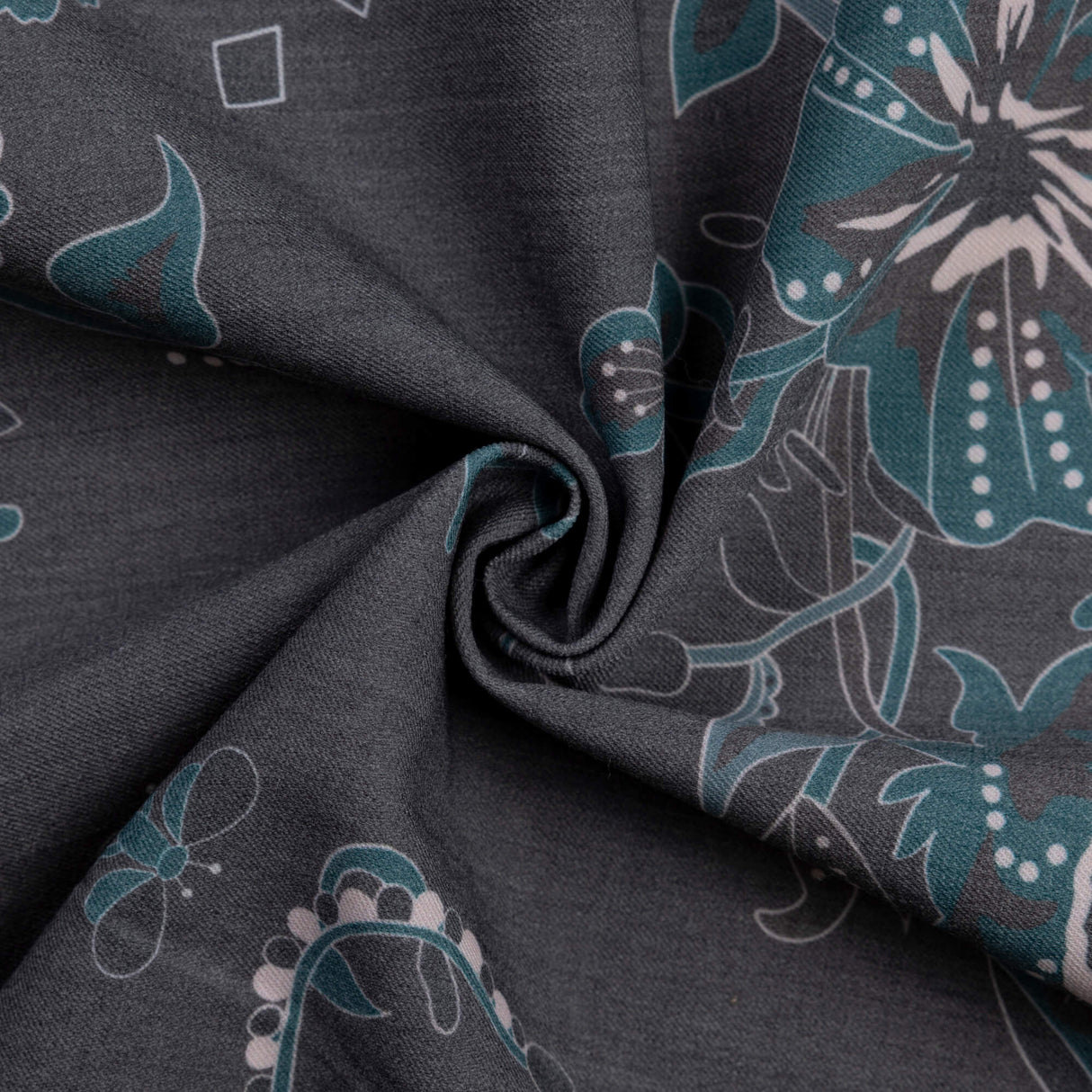 Gabardine de laine extensible - Fleurs et papillons bleu canard