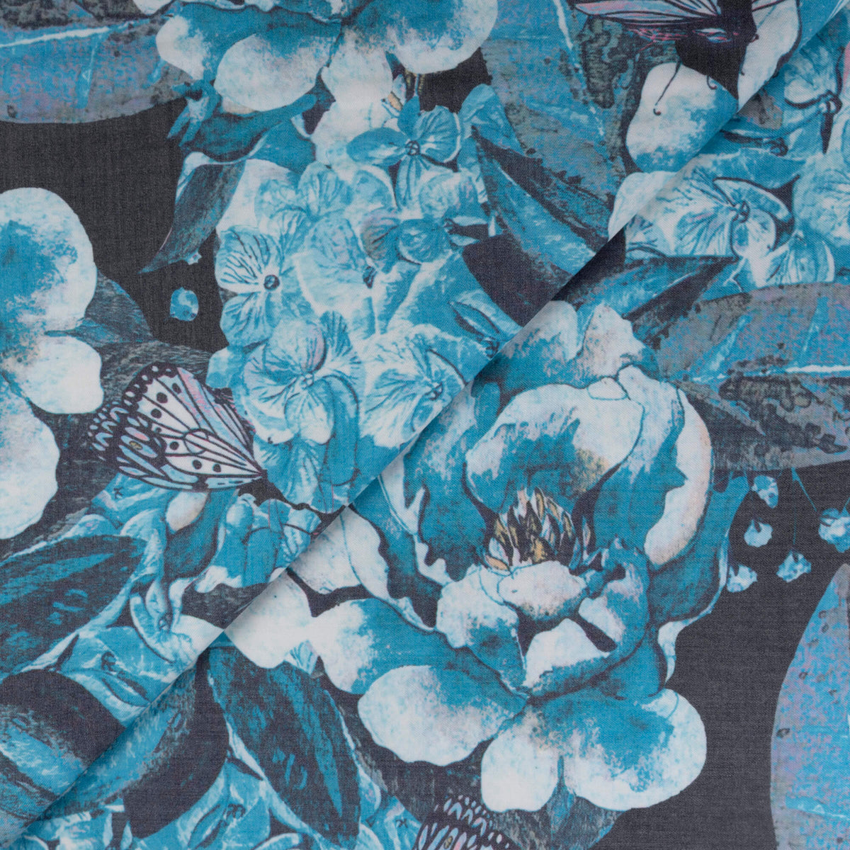 Gabardine de laine extensible - Fleurs et papillons bleu turquoise