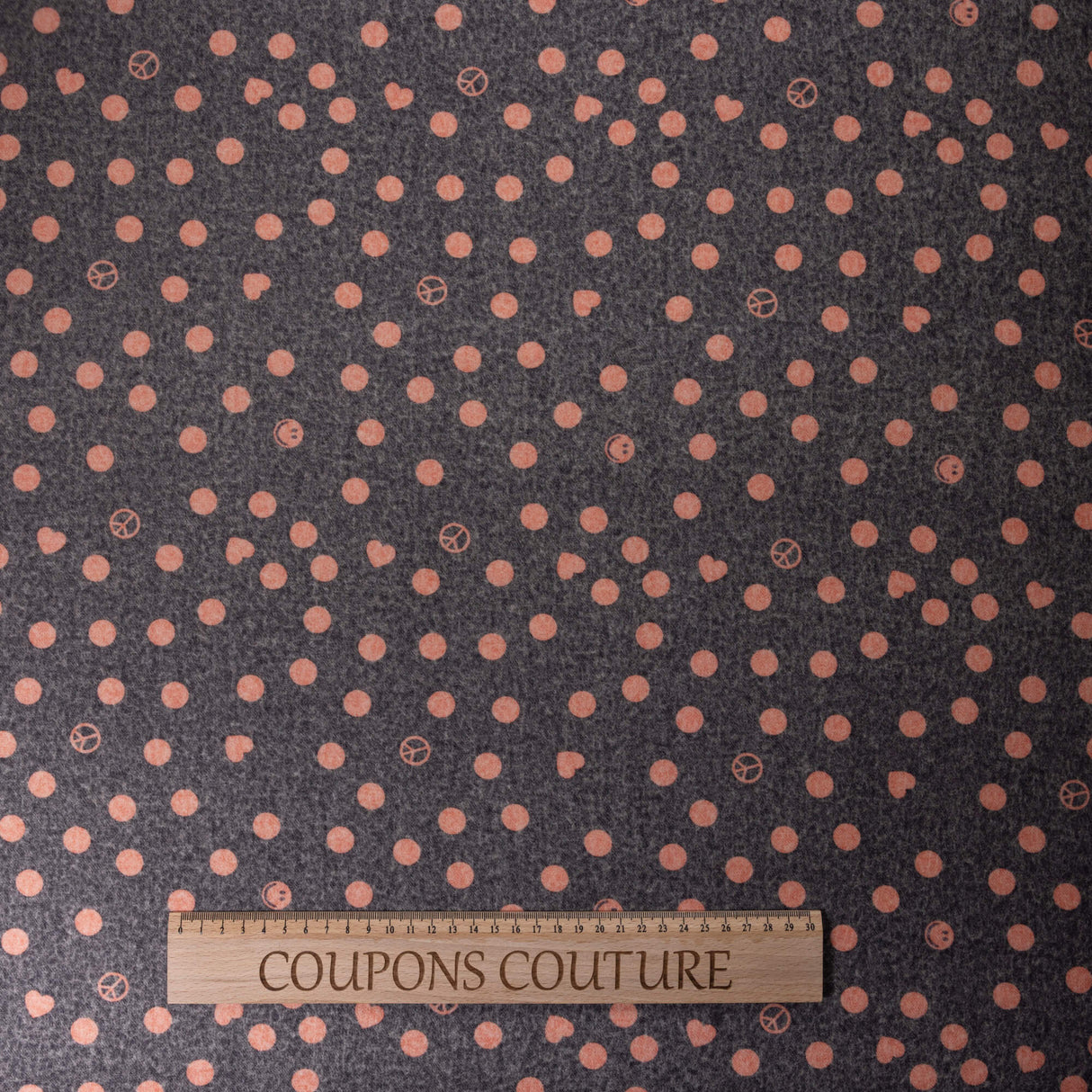 Flanelle 100% laine - Pois corail sur noir vieilli