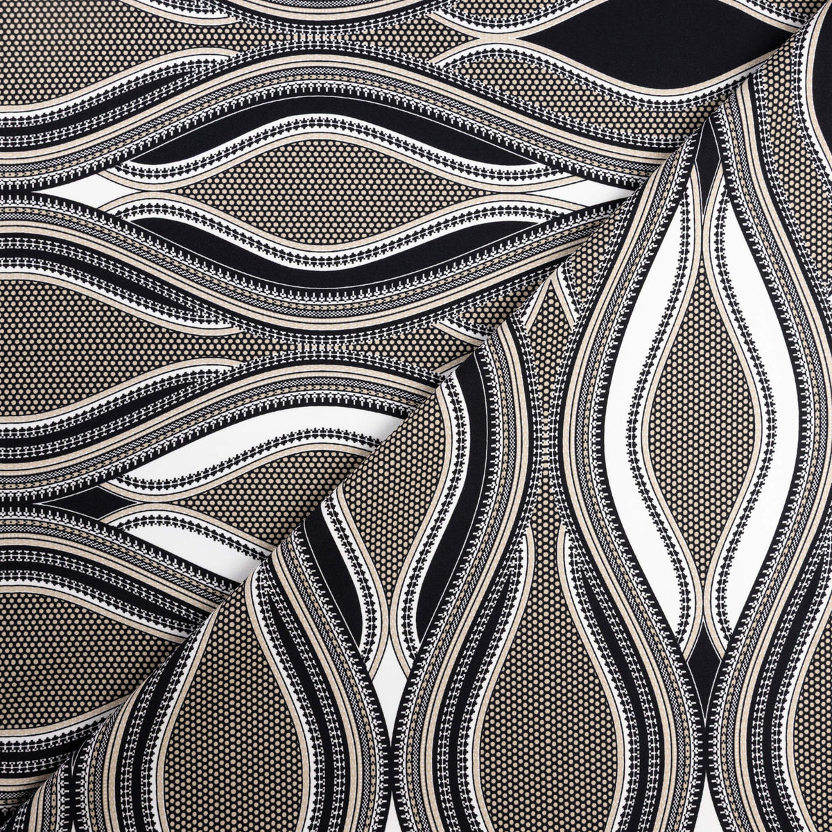 Crêpe lourd - Motif ondulé noir, beige et écru