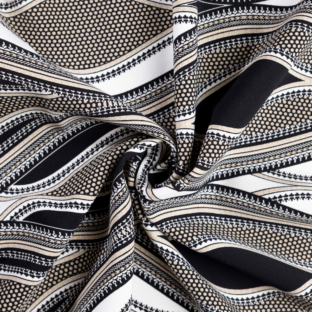 Crêpe lourd - Motif ondulé noir, beige et écru