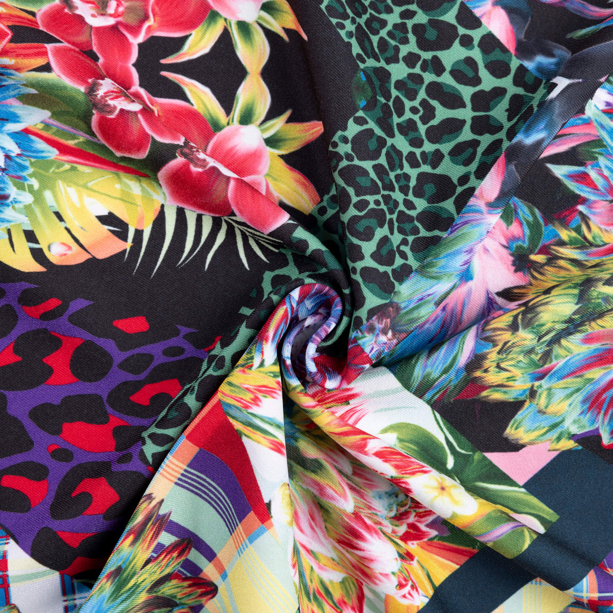 Crêpe sergé - Fleurs multicolores et carreaux