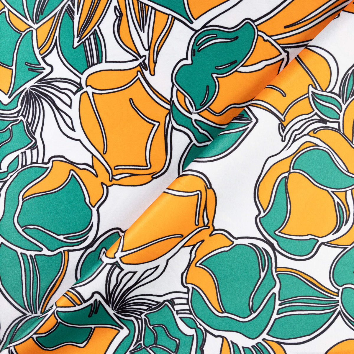 Satin lourd - Fleurs orange et vertes fond blanc