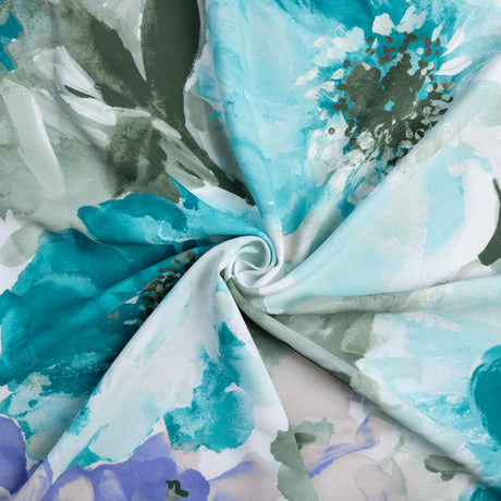 Crêpe - Fleurs aquarellées bleu turquoise