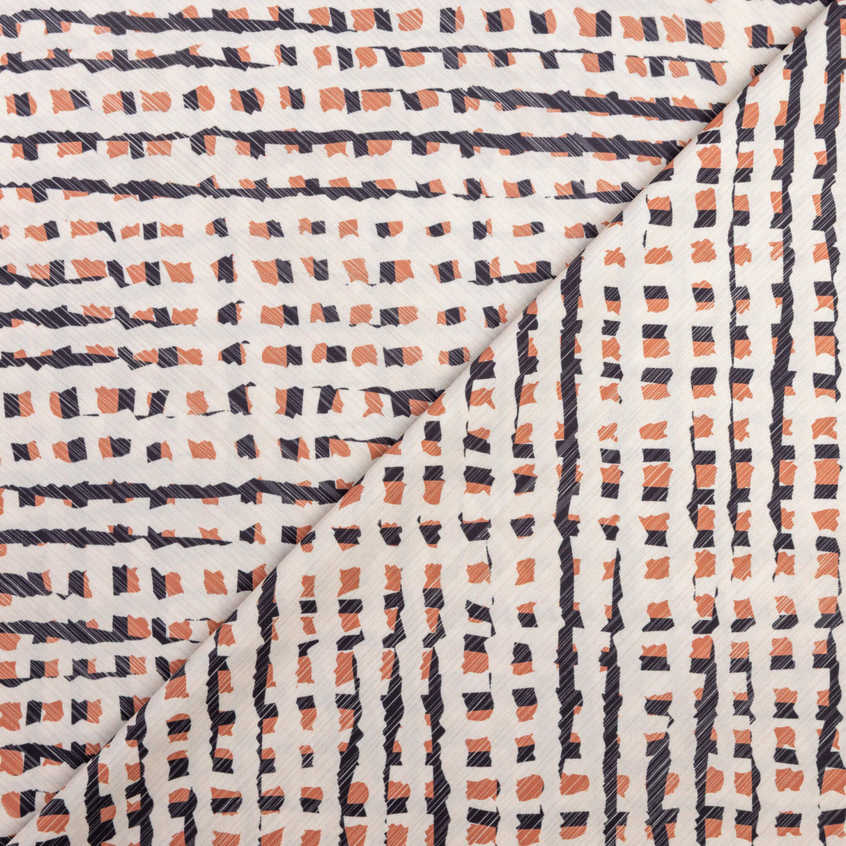 Crêpe microfibre - Graphisme noir et terracotta fond écru