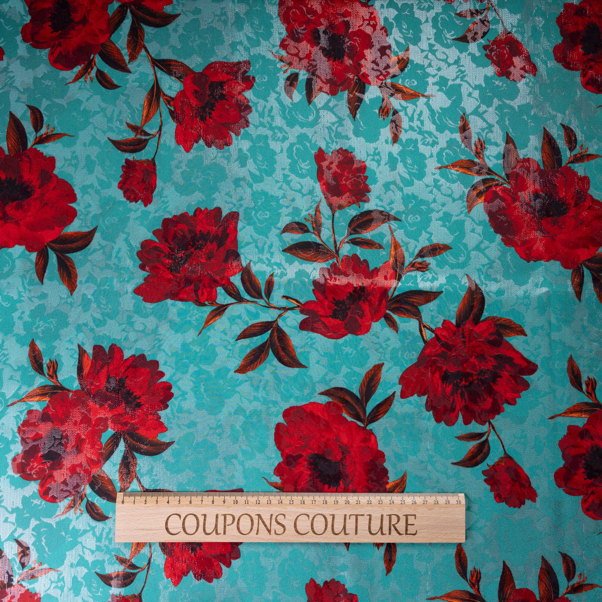 Satin de soie & lurex jacquard imprimé – Fleurs rouges sur turquoise